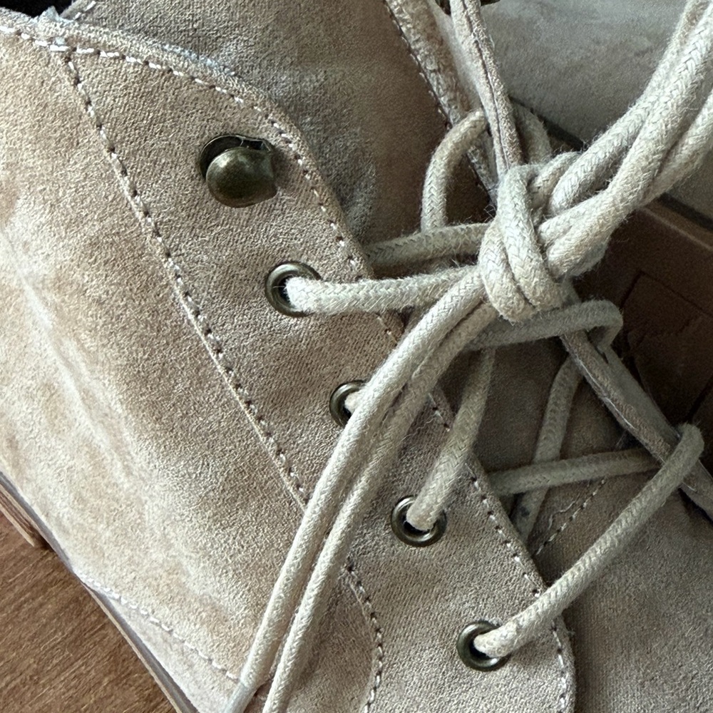 Women's Beige Suede Lace-Up Ankle Boots - Picture 6 of 7